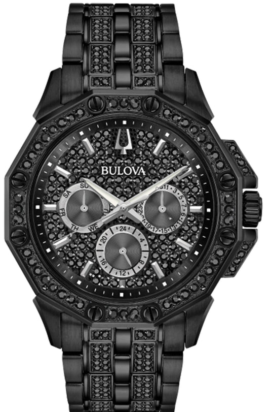 Bulova Octova Chronograph Crystal Black Dial Black Steel Strap Watch for Men - 98C134