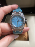 Audemars Piguet Royal Oak Quartz Diamonds Turquoise Dial Turquoise Leather Strap Watch for Women - 67601ST.ZZ.D034CR.01