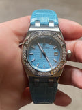 Audemars Piguet Royal Oak Quartz Diamonds Turquoise Dial Turquoise Leather Strap Watch for Women - 67601ST.ZZ.D034CR.01