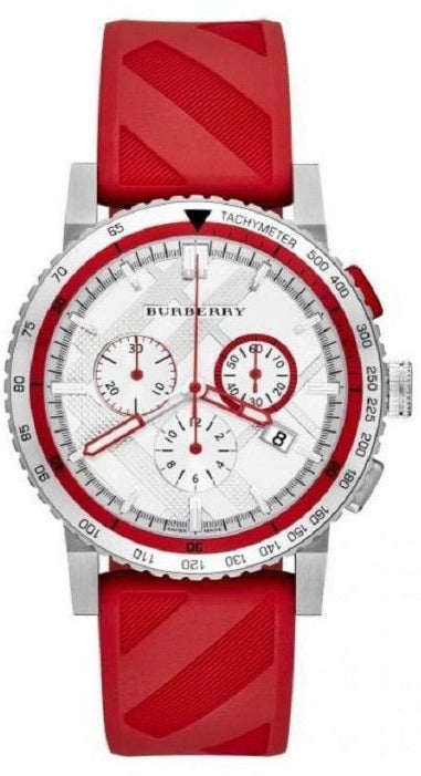 Burberry City Sport Chronograph White Dial Red Rubber Strap Watch For Men - BU9809