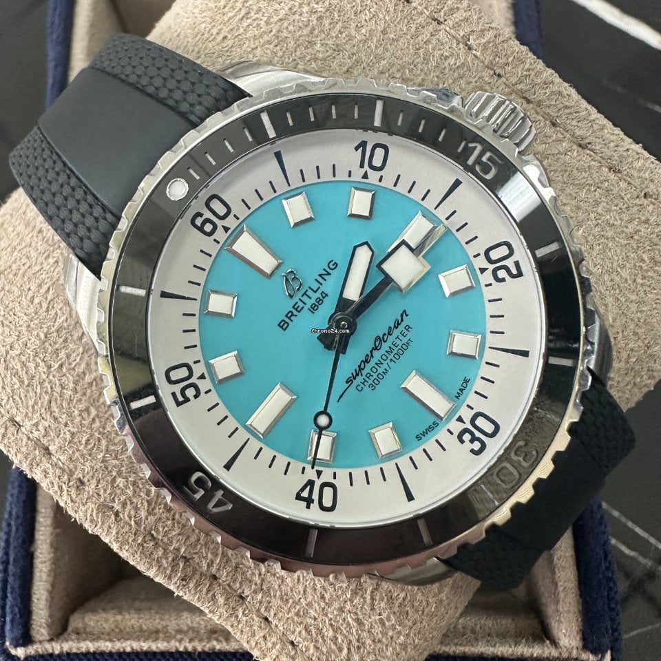 Breitling Superocean Automatic 44 Turquoise Dial Black Rubber Strap Watch for Men - A17376211L2S1