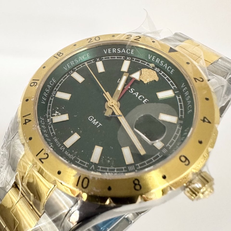 Versace Hellenyium GMT Green Dial Two Tone Steel Strap Watch for Men - V11050015