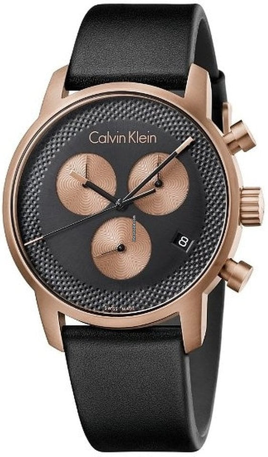 Calvin Klein City Chronograph Black Dial Black Leather Strap Watch for Men - K2G17TC1