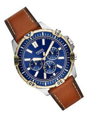 Fossil Garrett Chronograph Blue Dial Brown Leather Strap Watch for Men - FS5625