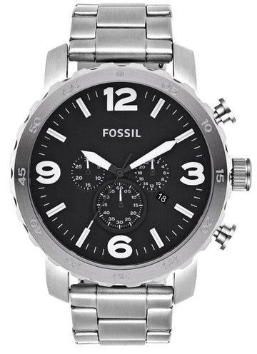 Fossil Nate Chronograph Black Dial Silver Steel Strap Watch for Men - JR1353