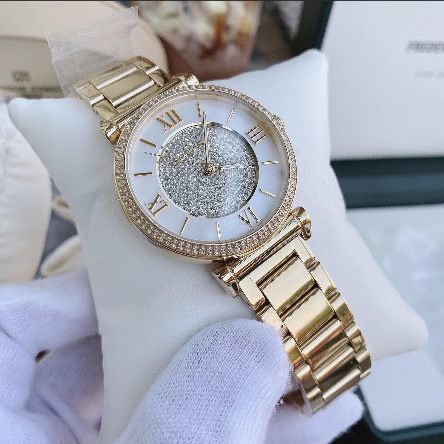 Michael Kors Catlin Mother of Pearl Dial Gold Steel Strap Watch for Women - MK3332