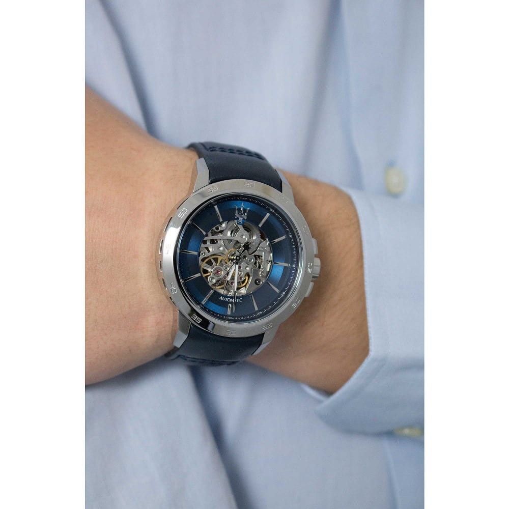 Maserati Ingegno Automatic Blue Skeleton Dial Black Leather Strap Watch For Men - R8821119004