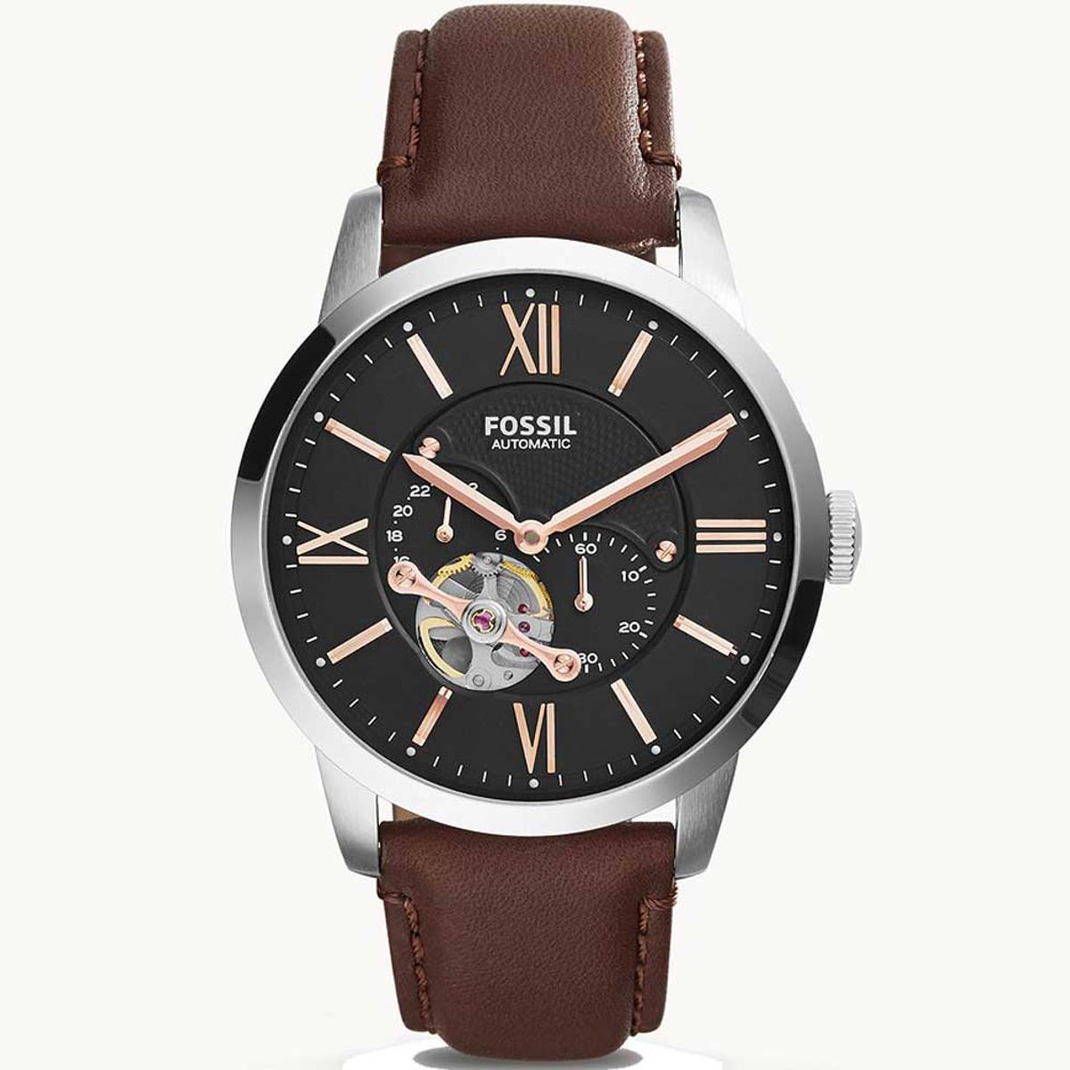 Fossil Townsman Automatic Black Dial Brown Leather Strap Watch for Men - ME3061