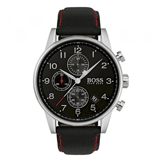 Hugo Boss Navigator Black Dial Black Leather Strap Watch for Men - 1513535