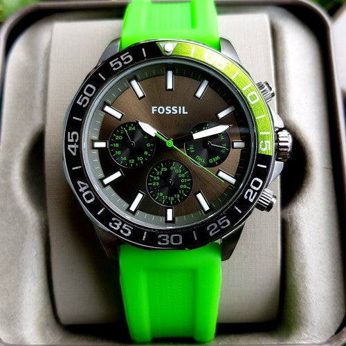 Fossil Bannon Chronograph Grey Dial Green Silicone Strap Watch for Men - BQ2501