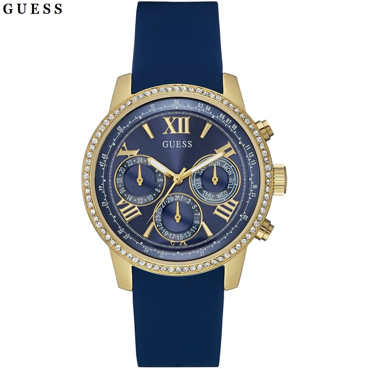 Guess Sunrise Blue Dial with Diamonds Blue Rubber Strap Watch For Women - W0616L2