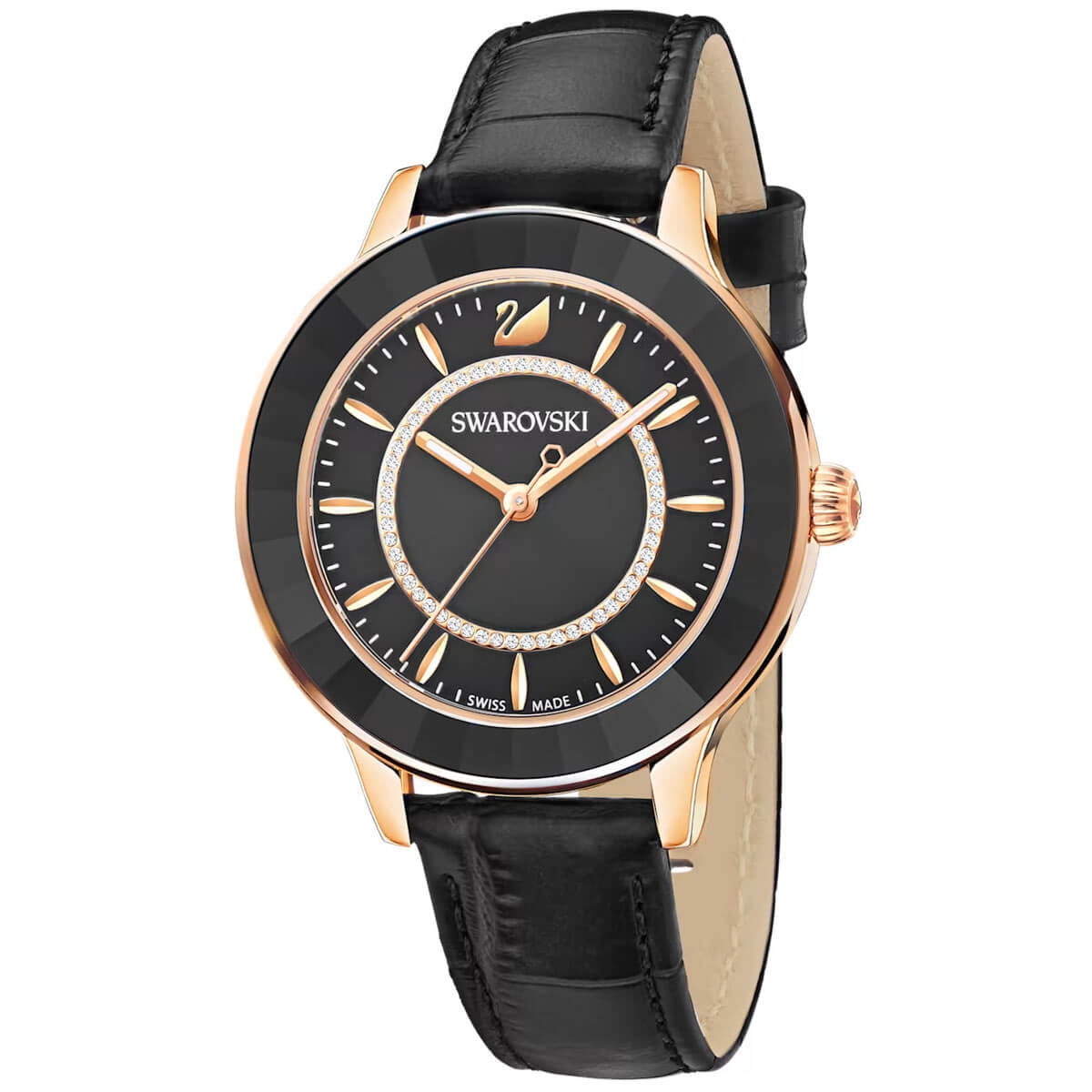 Swarovski Octea Lux Black Dial Black Leather Strap Watch for Women - 5414410