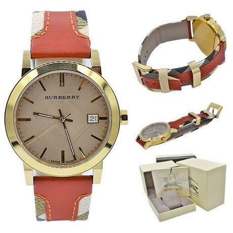 Burberry The City Gold Dial Orange Leather Strap Watch for Women - BU9016