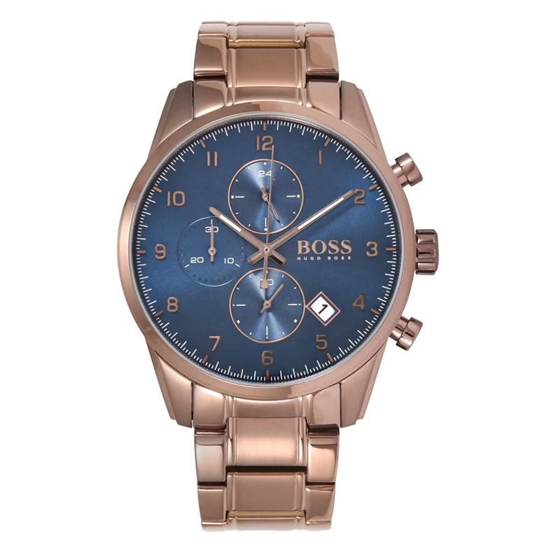 Hugo Boss Skymaster Chronograph Blue Dial Brown Steel Strap Watch for Men - 1513788