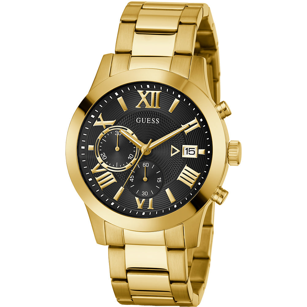 Guess Atlas Chronograph Black Dial Gold Steel Strap Watch for Men - W0668G8