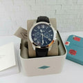 Fossil Grant Chronograph Blue Dial Black Leather Strap Watch for Men - FS4990