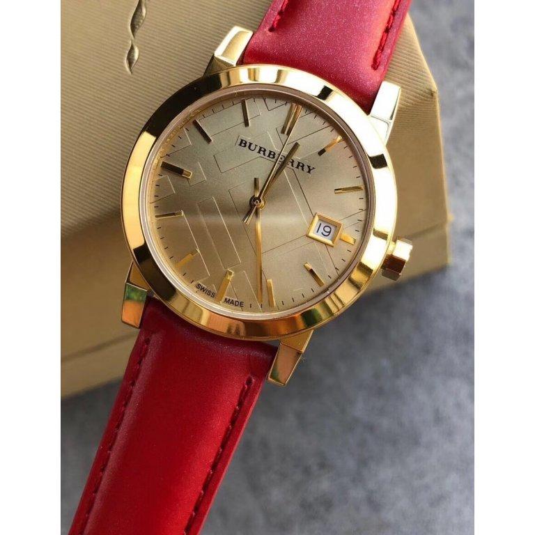 Burberry The City Gold Dial Red Leather Strap Watch for Women - BU9140