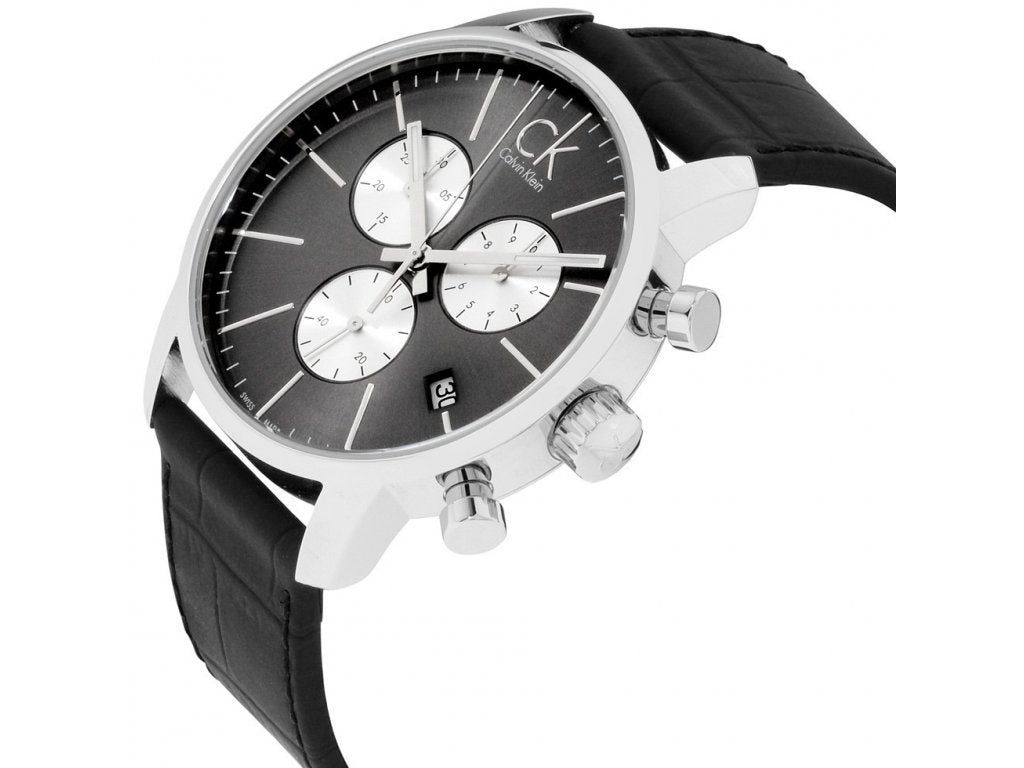 Calvin Klein City Chronograph Black Dial Black Leather Strap Watch for Men - K2G271CX