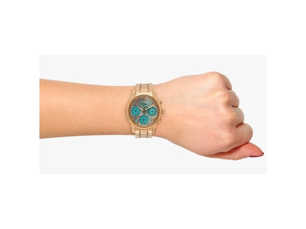 Guess Mini Sunrise Multi Function Analog Turquoise Dial Rose Gold Steel Strap Watch For Women - W0448L8