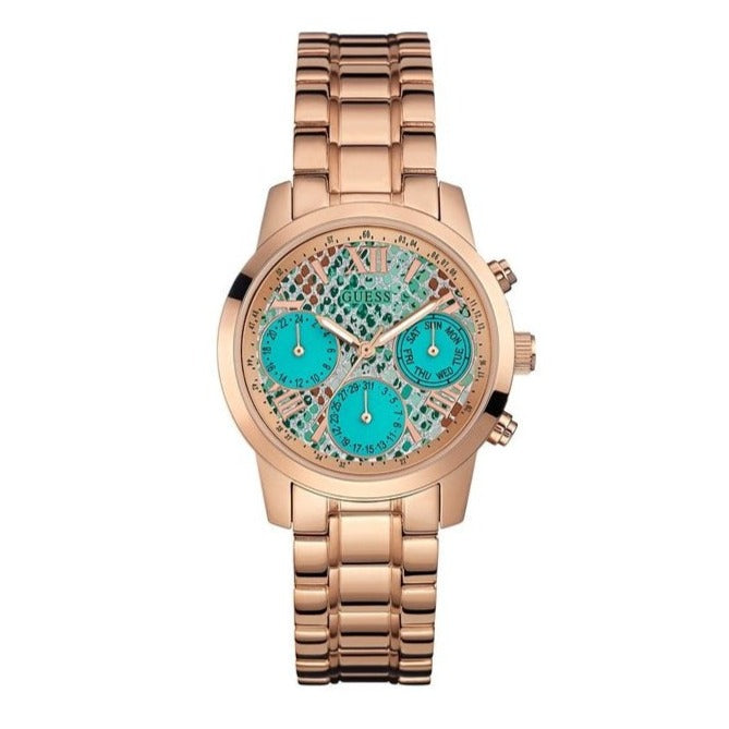 Guess Mini Sunrise Multi Function Analog Turquoise Dial Rose Gold Steel Strap Watch For Women - W0448L8