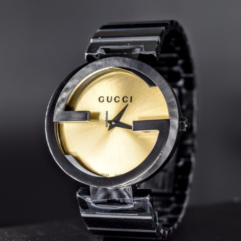 Gucci Interlocking G Quartz Gold Dial Black Steel Strap Watch For Women - YA133314