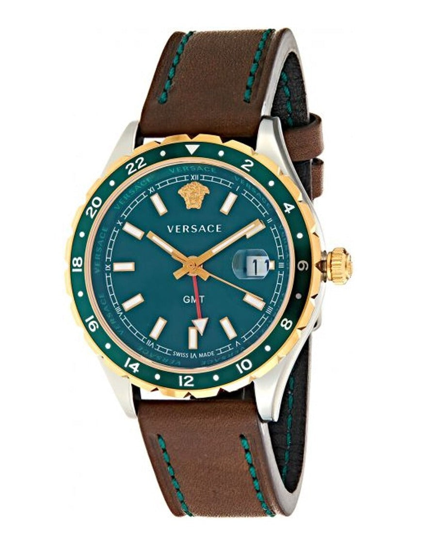 Versace Hellenyium Green Dial Brown Leather Strap Watch for Men - V11090017