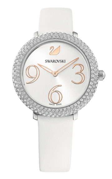 Swarovski Crystal Frost Silver Dial White Leather Strap Watch for Women - 5484070