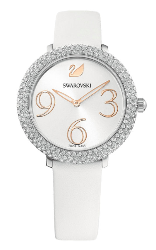 Swarovski Crystal Frost Silver Dial White Leather Strap Watch for Women - 5484070