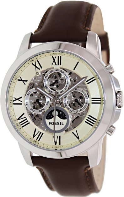 Fossil Grant Automatic Skeleton White Dial Brown Leather Strap Watch for Men -  ME3027