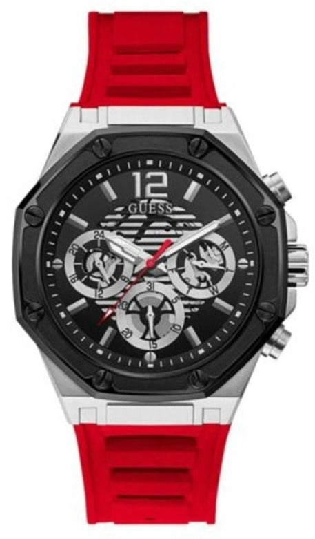 Guess Momentum Black Dial Red Rubber Strap Watch for Men - GW0263G3