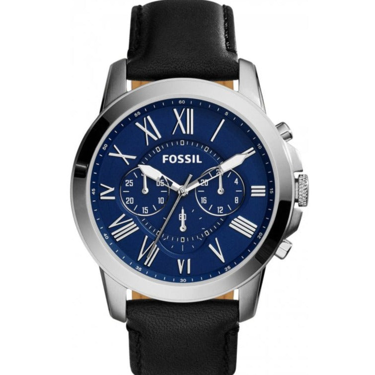 Fossil Grant Chronograph Blue Dial Black Leather Strap Watch for Men - FS4990