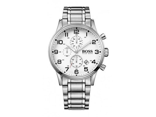 Hugo Boss Aeroliner Chronograph White Dial Silver Steel Strap Watch for Men - 1513182