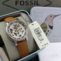 Fossil Boyfriend Automatic Skeleton Silver Dial Brown Leather Strap Watch for Women - ME3109