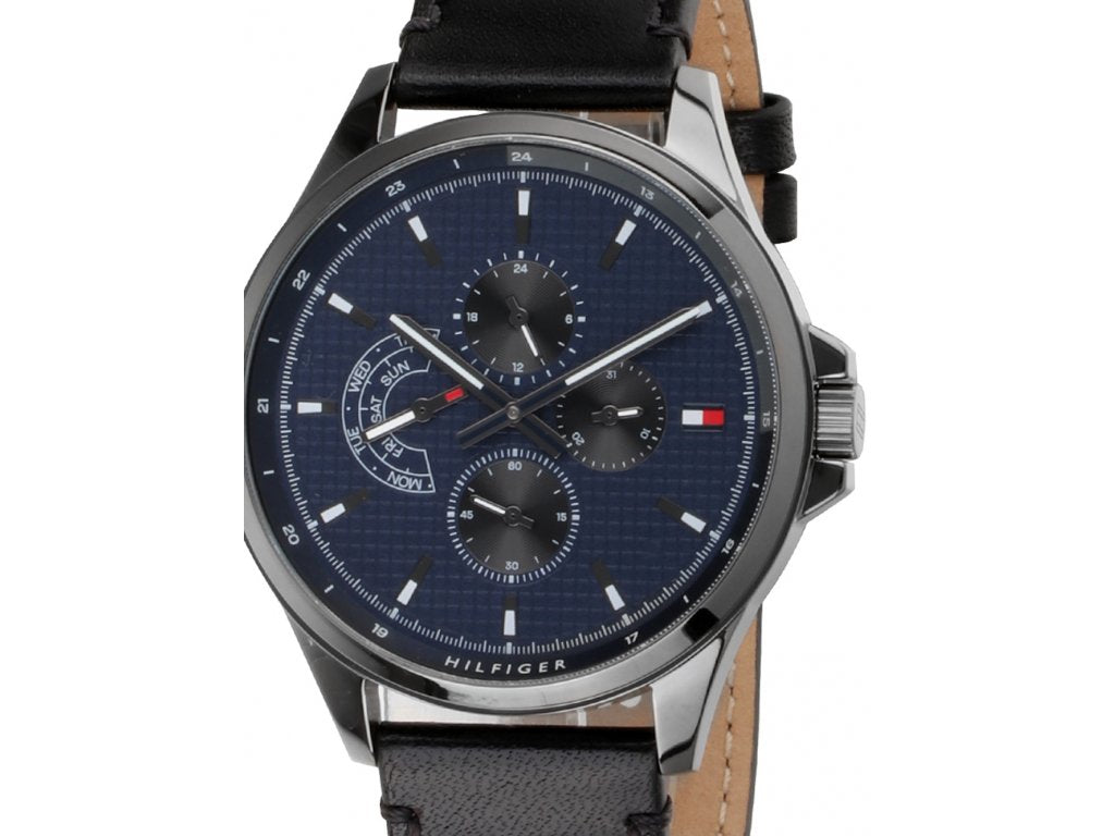 Tommy Hilfiger Shawn Multi Function Quartz Blue Dial Black Leather Strap Watch for Men - 1791616