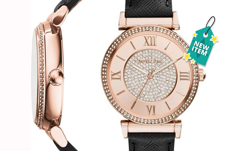 Michael Kors Catlin Rose Gold Crystal Dial Black Leather Strap Watch for Women - MK2376