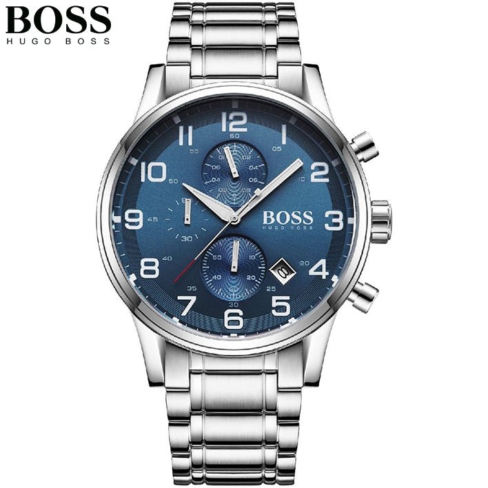 Hugo Boss Aeroliner Chronograph Blue Dial Silver Steel Strap Watch for Men - 1513183