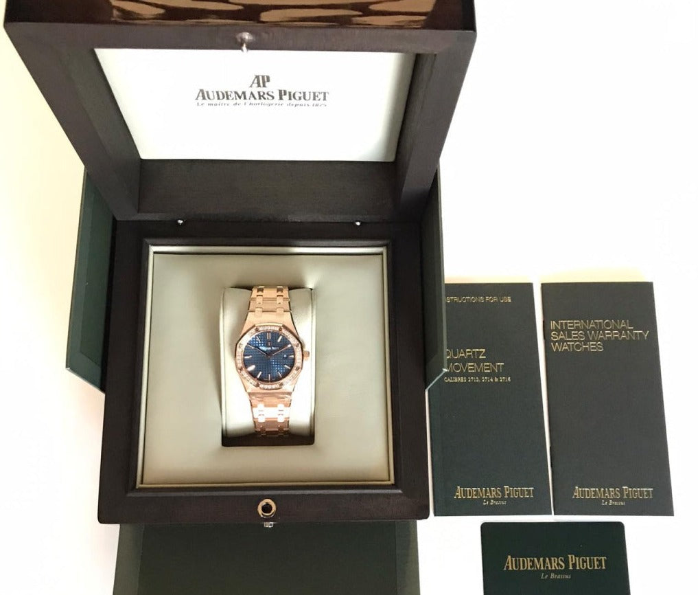 Audemars Piguet Royal Oak Quartz Diamonds Blue Dial Rose Gold Steel Strap Watch for Women - 67651OR.ZZ.1261OR.02