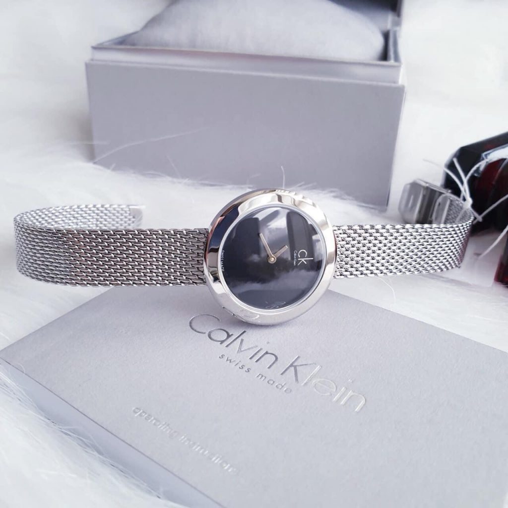 Calvin Klein Firm Black Dial Silver Mesh Bracelet Watch for Women - K3N23121