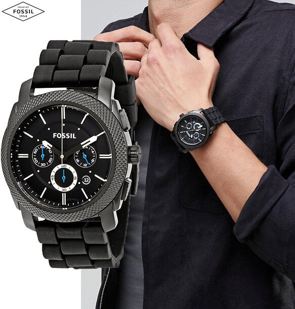 Fossil Machine Chronograph Black Dial Black Silicone Strap Watch for Men - FS4487