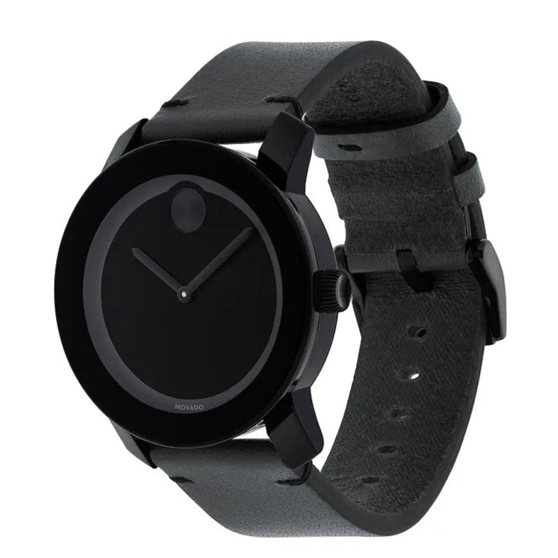 Movado Bold Black Dial Black Leather Strap Watch For Men - 3600306