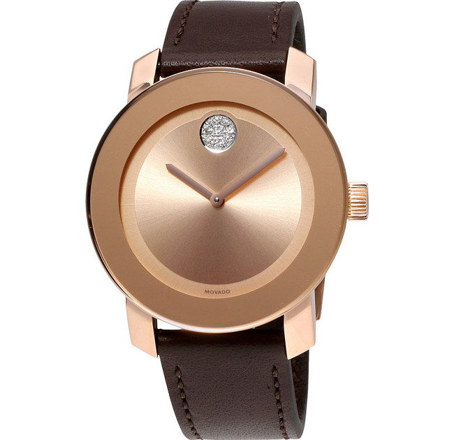 Movado Bold Rose Gold Dial Brown Leather Strap Watch for Men - 3600395