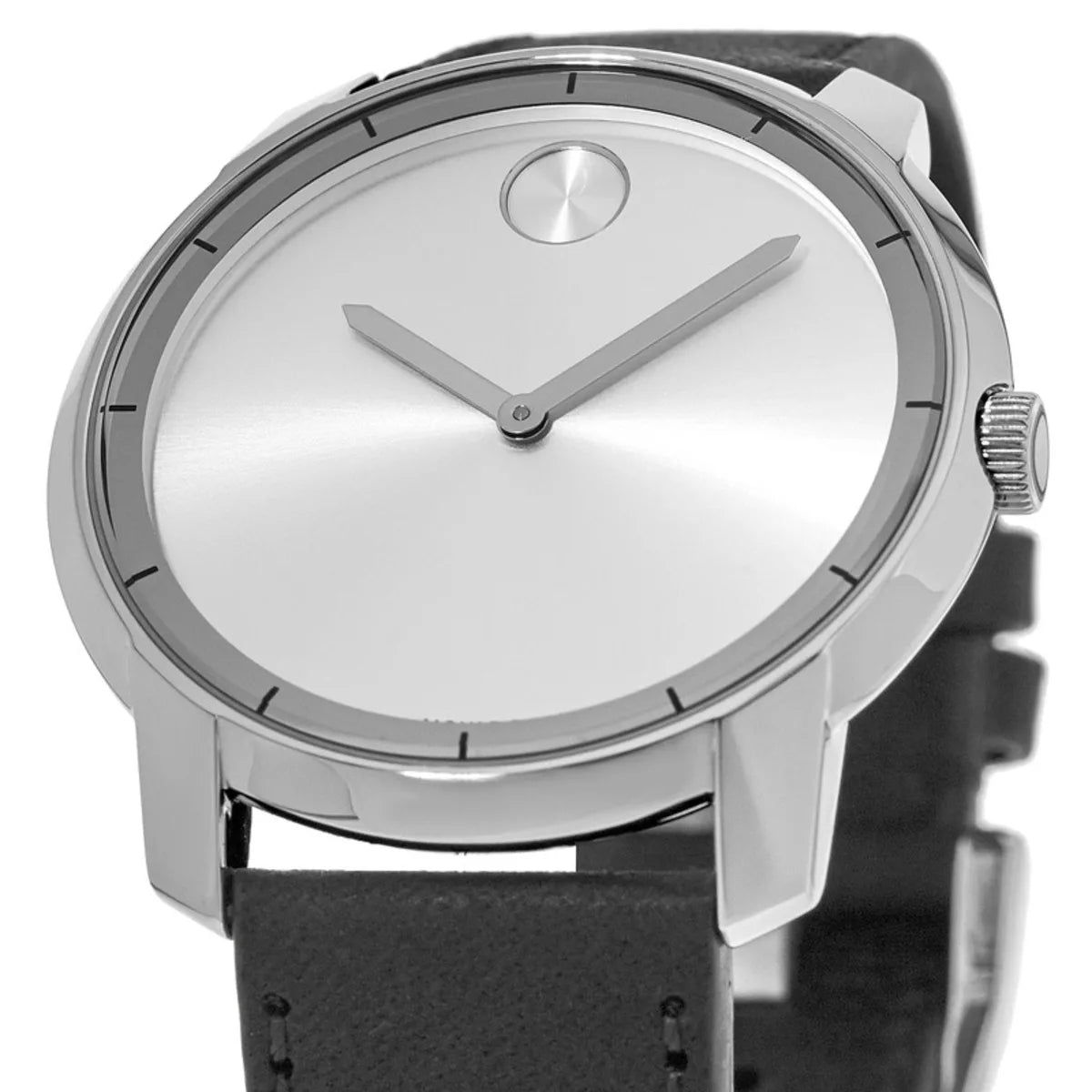 Movado Bold Silver Dial Black Leather Strap Watch For Men - 3600468