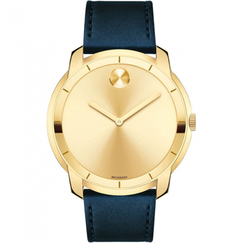 Movado Bold Gold Dial Blue Leather Strap Watch For Men - 3600469