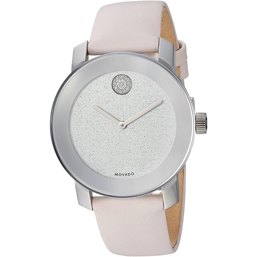 Movado Bold Silver Glitter Dial Pink Leather Strap Watch For Women - 3600522