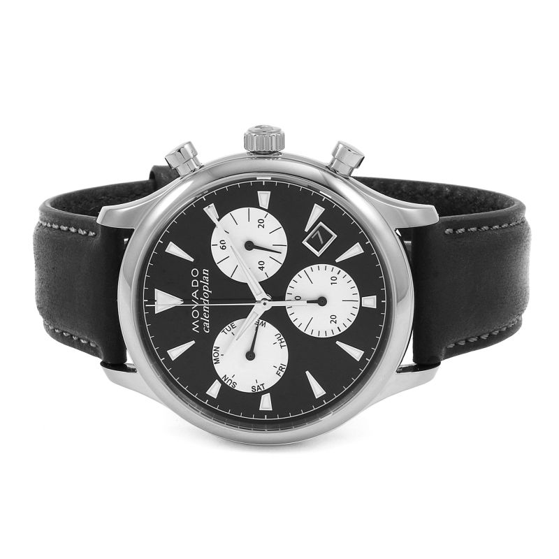 Movado Heritage Chronograph Black Dial Black Leather Strap Watch for Men - 3650005