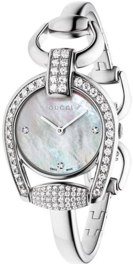 Gucci Horsebit Diamonds Mother of Pearl Dial Silver Steel Strap Watch For Women - YA139505