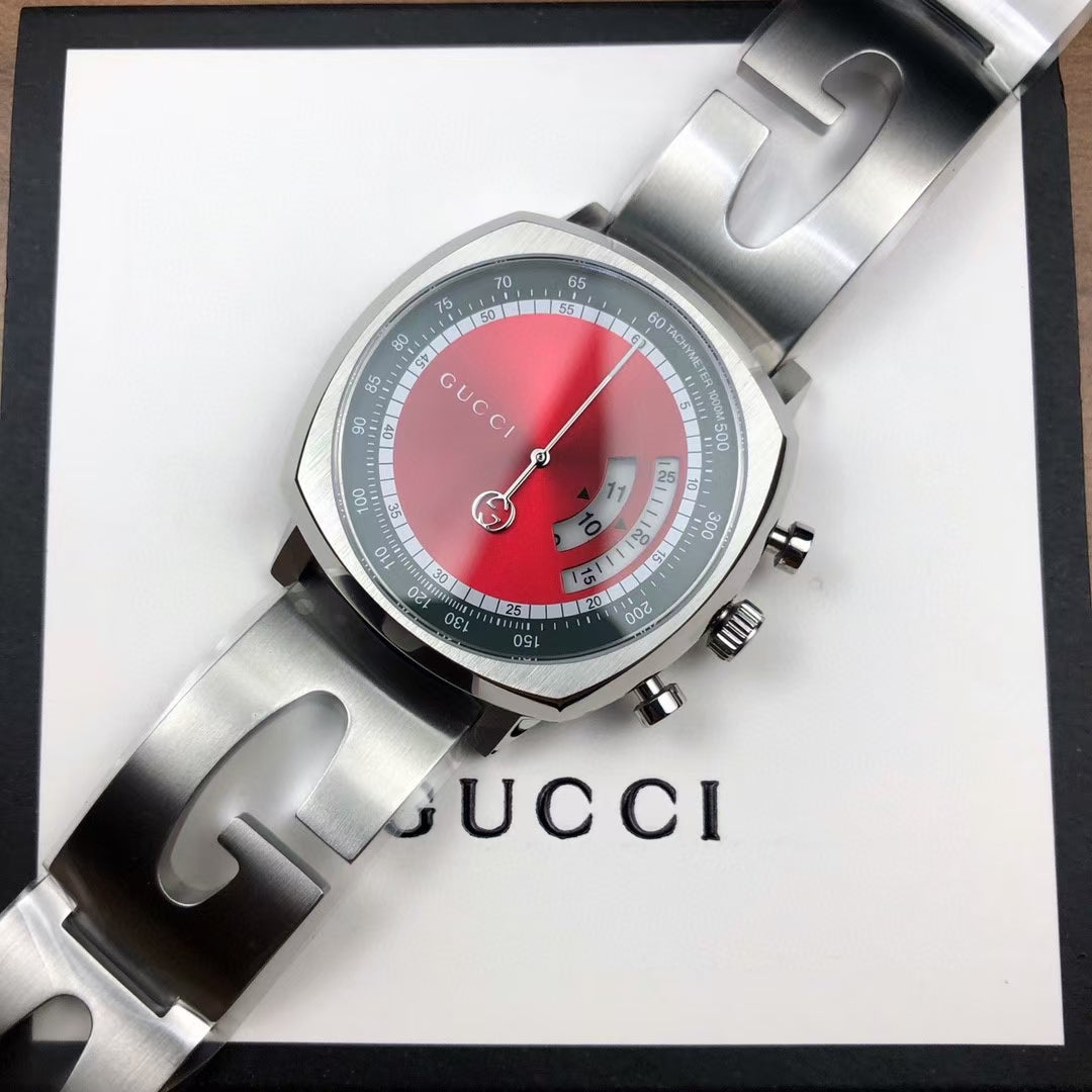 Gucci Grip Chronograph Red Dial Silver Steel Strap Watch For Men - YA157303