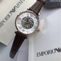 Emporio Armani Meccanico Mother of Pearl Skeleton Dial Brown Leather Strap Watch For Women - AR1993