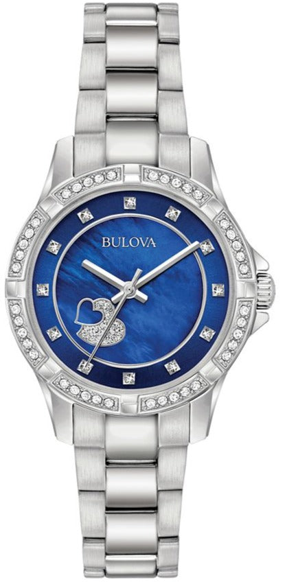 Bulova Crystal Collection Mother of Pearl Blue Dial Silver Steel Strap Watch for Women - 96L238