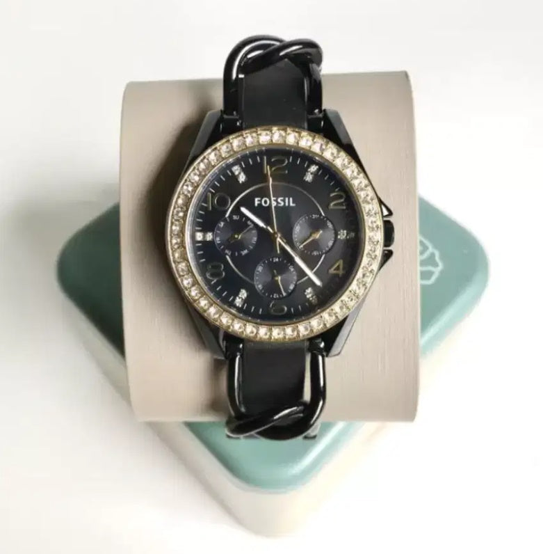 Fossil Riley Black Dial Black Leather Strap Watch for Women - ES3696